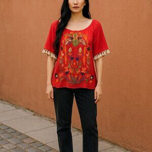 Umgee Womens Medium Red Flower Embroidered Short Sleeve Blouse Shirt Top Size M